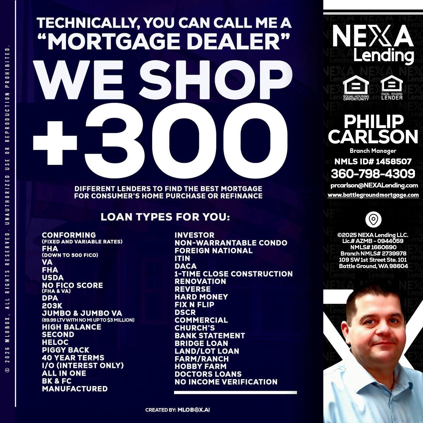 300+ LENDERS - Philip Carlson -Branch Manager