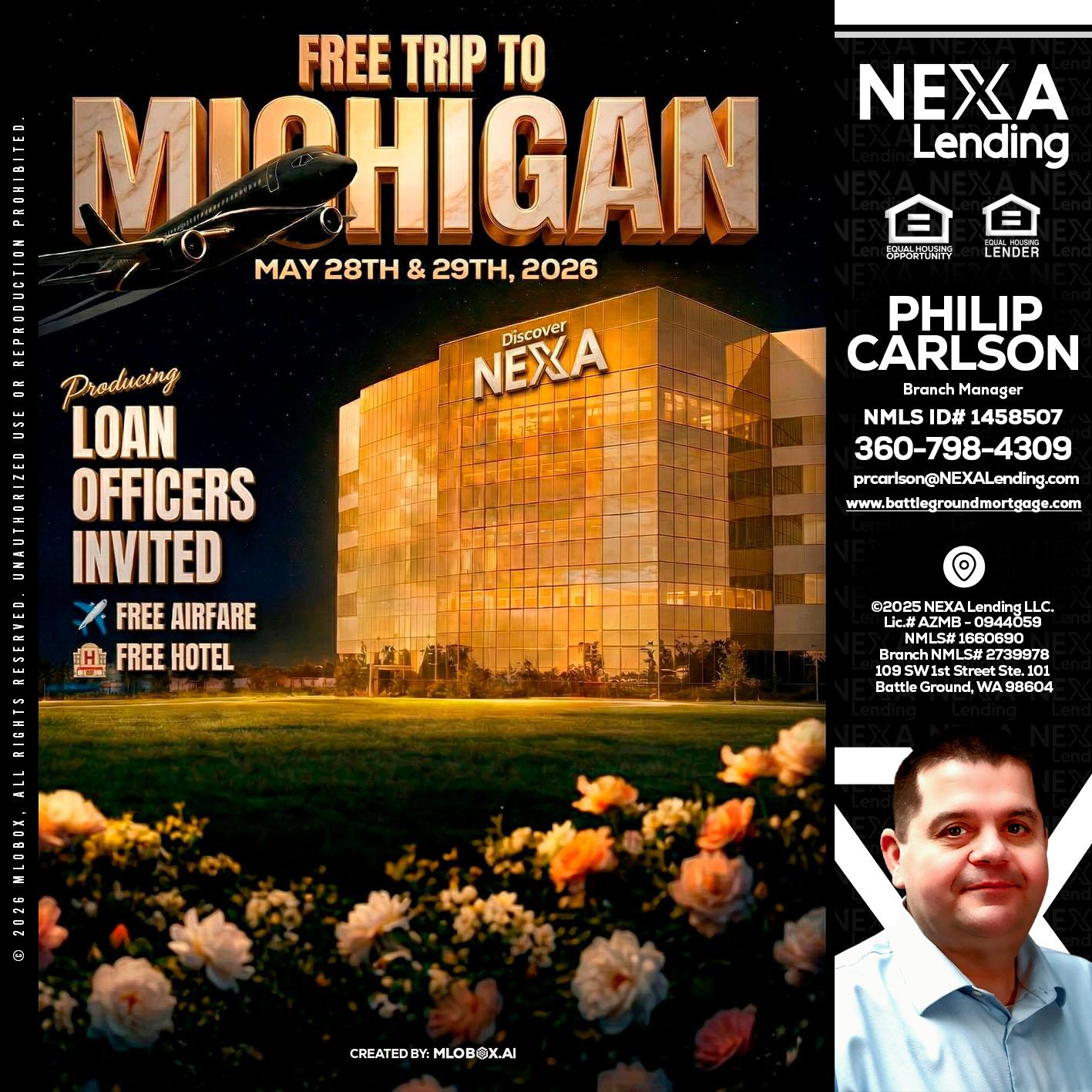 FREE TRIP TO MICHIGAN - Philip Carlson -Branch Manager