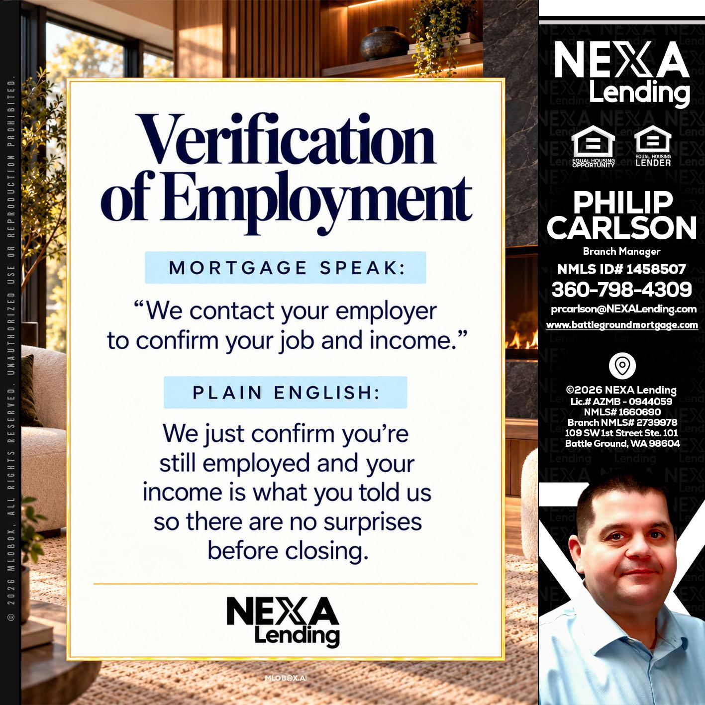 VERIFICATION OF EMPLOYMENT - Philip Carlson -Branch Manager